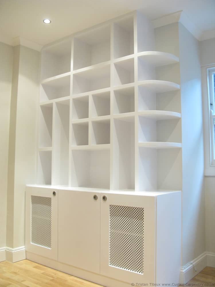 White Shelving unit with cupboards below