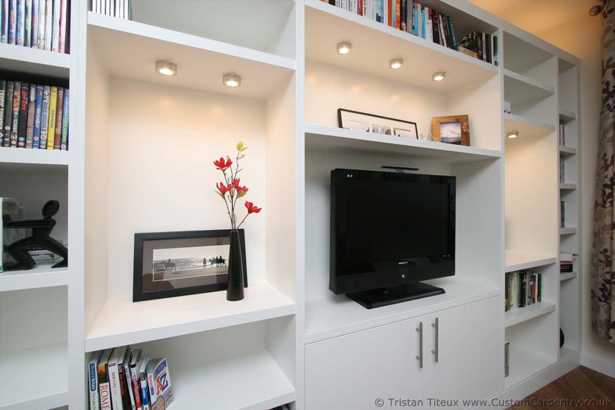 Bespoke shelving unit built from scratch in London, modern style with ornaments and books