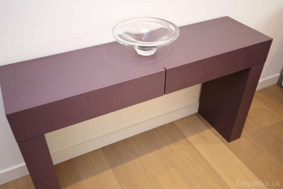 Contemporary console table painted Aubergine with 2 drawers