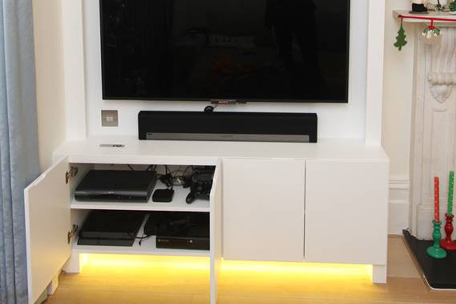 White TV unit made to measure with doors open