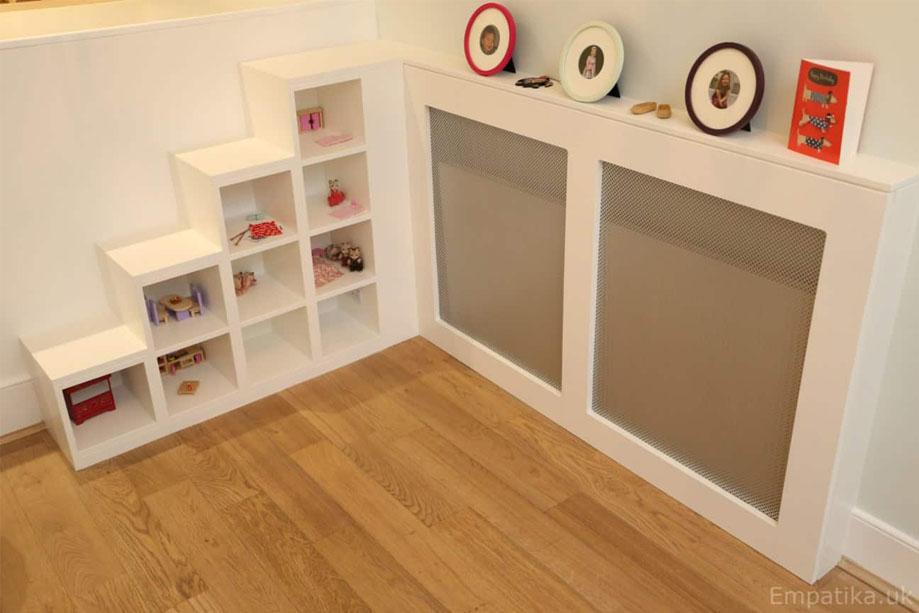 Stylish children's bedroom with ascending square toy shelves painted White