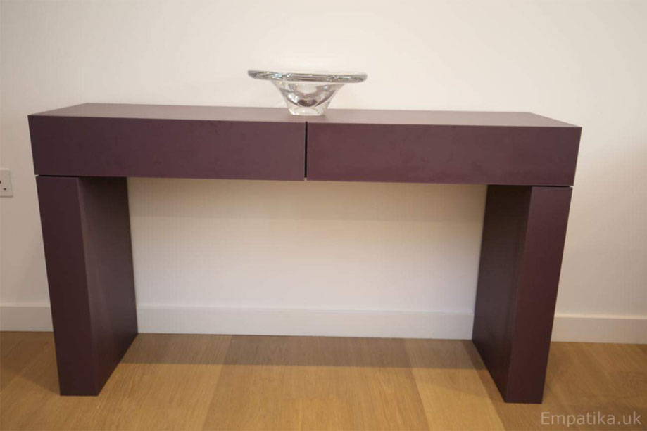 Front view of stylish custom made console table with 2 concealed drawers