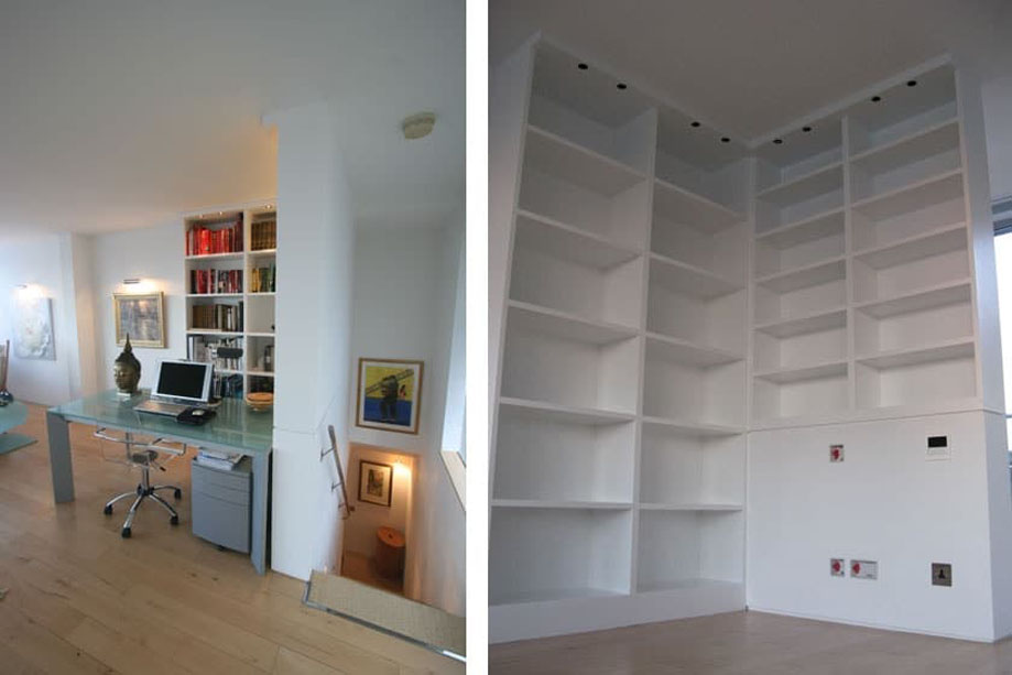 Collage of White painted floor to ceiling bookcases built on 2 corner walls by the stairs