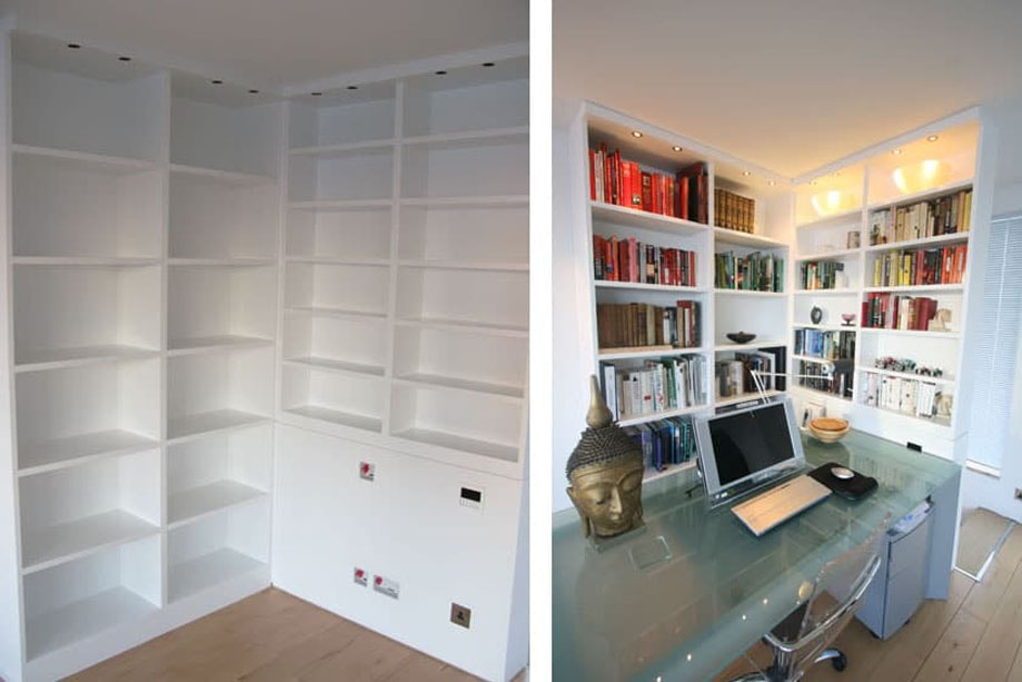 Photo collage of custom library bookcase with top shelf lights with and without contents on shelves