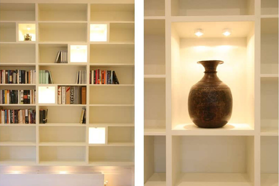 Photo collage with close-up view of library bookcase accent shelf with 2 built in LED lights and decorative vase