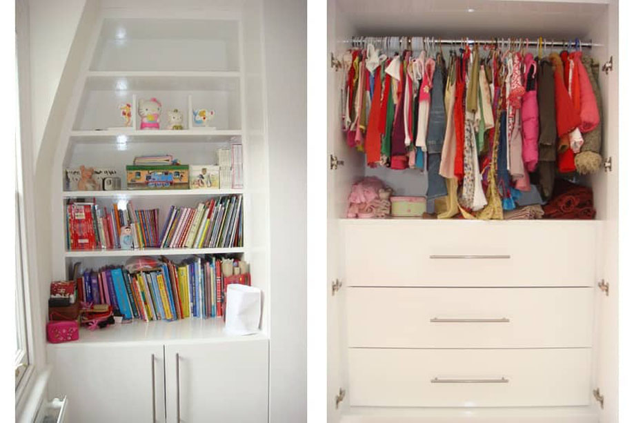 Collage of White painted children's bedroom wardrobes with a combination of open shelves and drawers inside