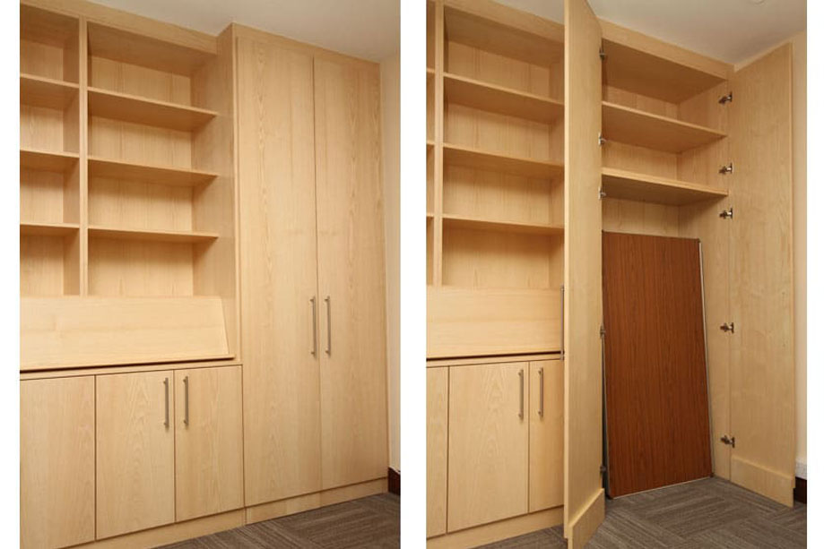 Floor to ceiling 2-door closet with 2 top shelves and spacious bottom for storing large items