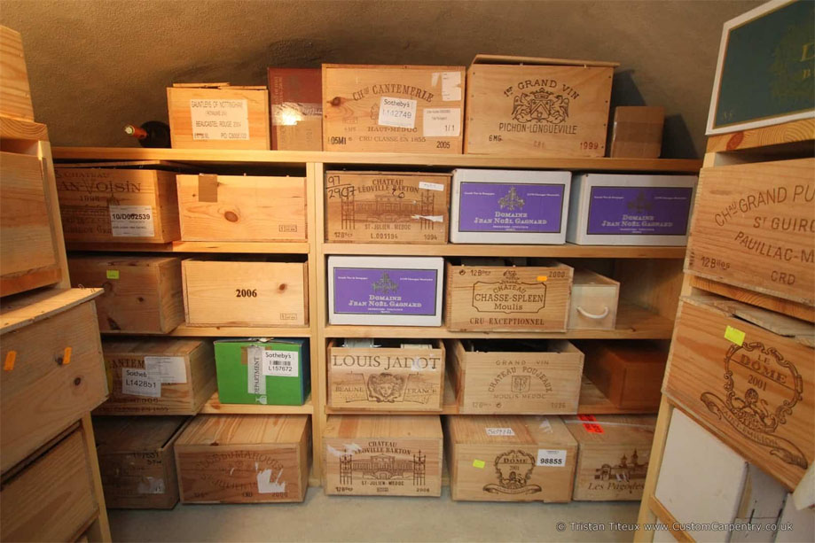 Prefinished shelving inside a wak-in eco-friendly wine cellar