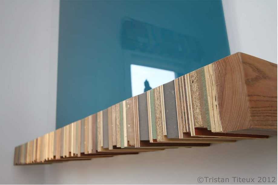 Close up view of industrial recycled wood shelf for home office
