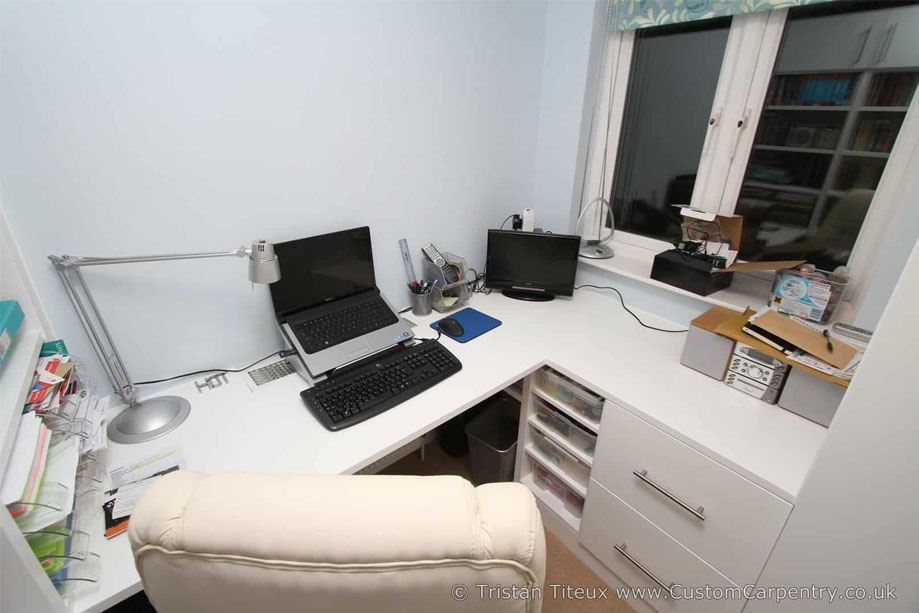 Fitted L-shaped corner desk with bottom drawers for home office all painted White
