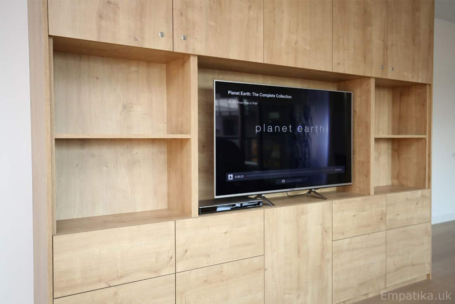 Large prefinished melamine cupboard with TV storage and shelves in the center