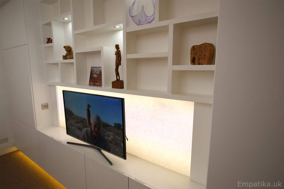 Bespoke TV media unit with recyled plastic panel for LED lighting